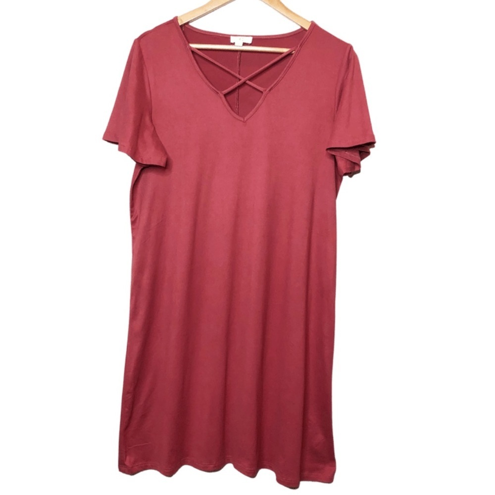 Charming‎ Charlie Red Pink Crisscross Neck Short Sleeve Tunic Dress Women's - Picture 2 of 16